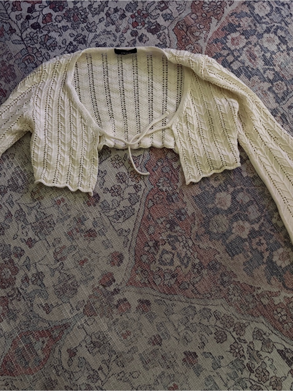 Cider Cream Cropped Openwork Tie-Front Shrug